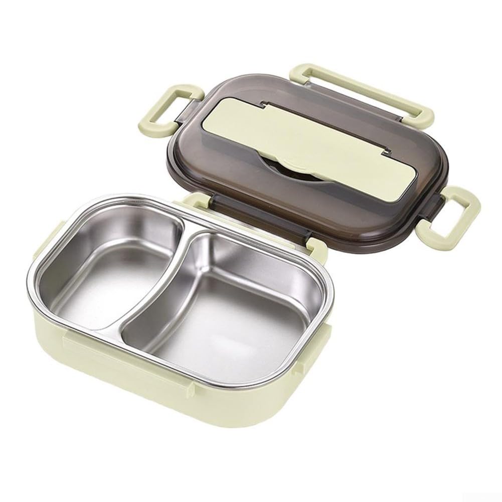 Lunch Box with Thermal Insulation and Cutlery Set, 1L Stainless Steel Two-Compartment Food Container for School, Work, Travel, Portable Leakproof Design in Pink or Green(Green)