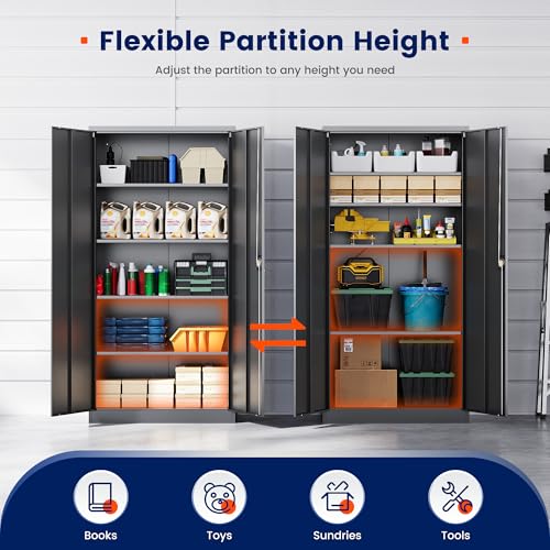 Image of Yizosh Metal Garage Storage Cabinet with Lock, 71 inch Locking Tool Cabinet with 2 Doors and 4 Shelves, Tall Steel Cabinet for Garage, Heavy Duty File Cabinet for Office, School (Black)