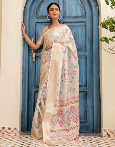 Image of SIRIL Women's Silk Printed Ready to Wear Saree With Unstitched Blouse Piece