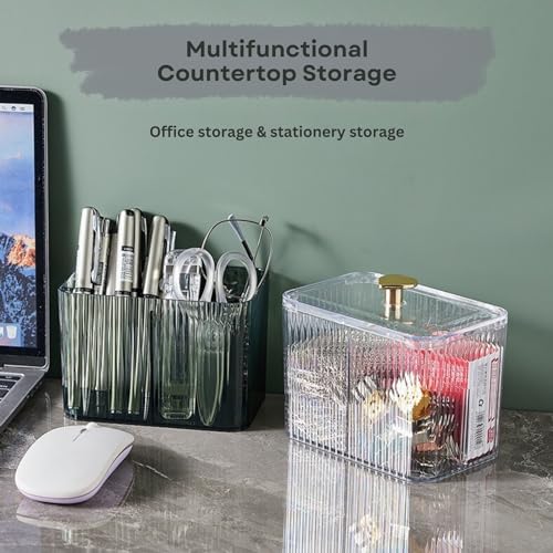 Image of KiZY Cotton Swab Holders, Acrylic Cotton Pad Holder, Qtip Holder with Lid, for Bathroom Canister Storage Organization, Vanity Cosmetic Makeup Organizer (Transparent + Green, B)