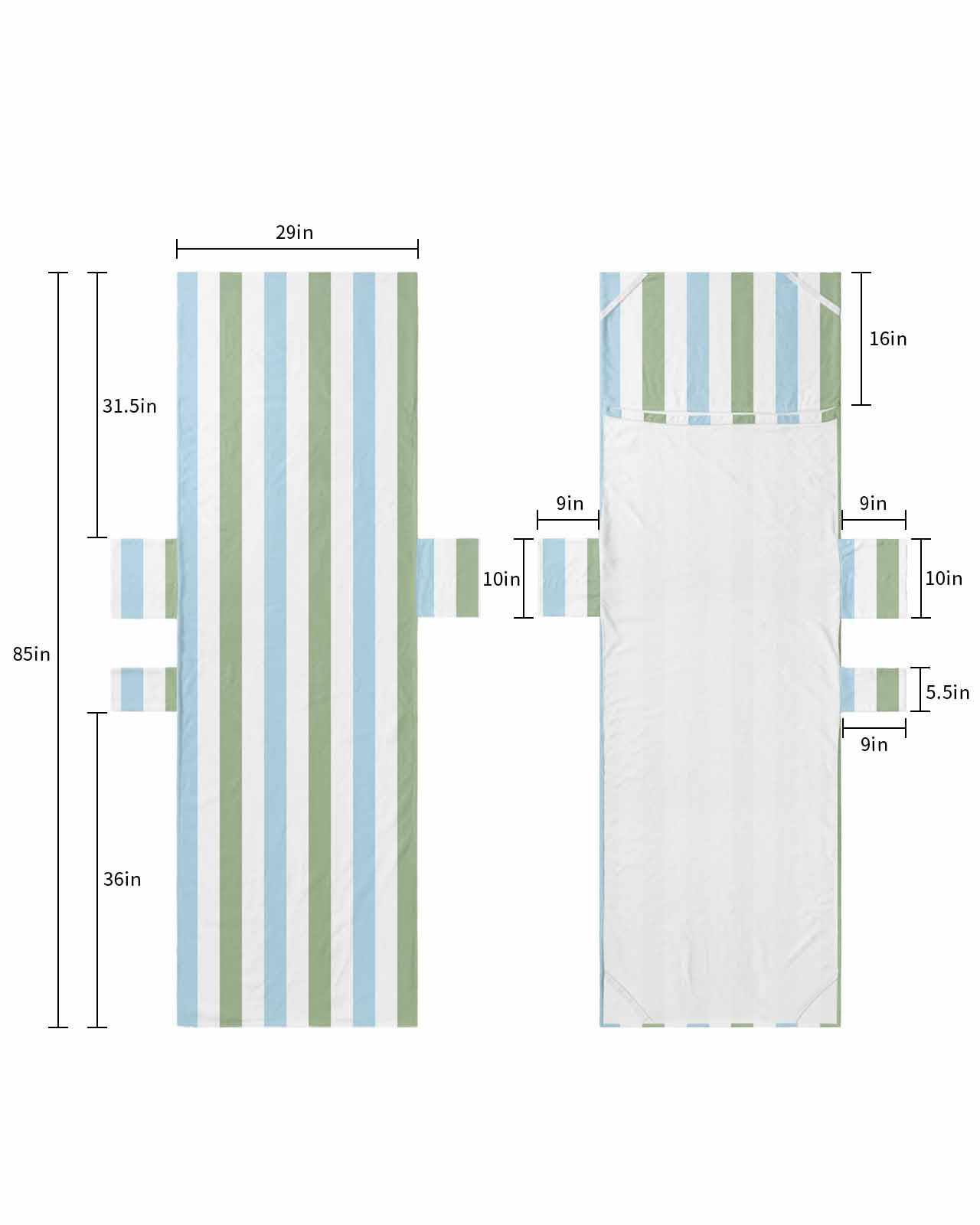 Sage Green Blue Striped Beach Lounge Chair Towel Cover, Soft Chaise Lounge Towel with Side Pockets Patio Pool Chairs Cover for Beach/Pool Sunbathing 29x85 Farmhouse Sage Green Stripes