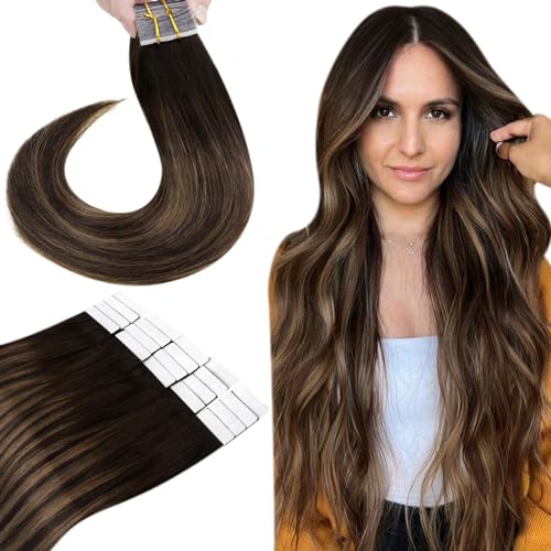 Hetto Tape in Hair Extensions Human Hair Balayage Brown 16 Inch, Natural Seamless Hair Extensions Tape in Human Hair