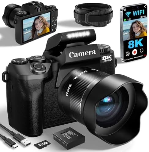 8K Digital Cameras for Photography, WiFi 64MP Professional Camera with Dual Lens, 4" Touch Screen, Autofocus ，16X Digital Zoom, 3000mAh Batteries, 32GB Card, Black