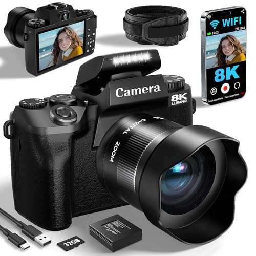 Câmeras digitais 8K para fotografia, câmera vlogging WiFi 64MP para YouTube, câmera profissional com tela sensível ao toque de 4 polegadas com lente dupla, foco automático, zoom digital de 16x