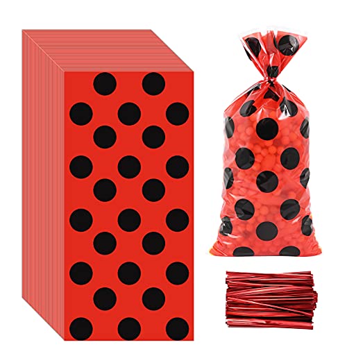 100 pcs ladybug treat bags red black polka dots celloph…
