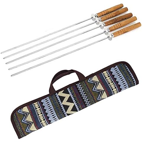 LeTang 5-Pack Stainless Steel BBQ Kebab Skewers with Wooden Handle, 16.5-inches Reusable Barbecue Grilling Sticks(Free Polyester Pouch) (Skewer) Cover