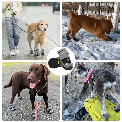 Hundeschuhe für Mittelgroße Hunde, rutschfeste Hundeschuhe Mit Reflektierenden Riemen Pfotenschutz für Schneewandern/Spazierengehen/Outdoor/Boden (8)