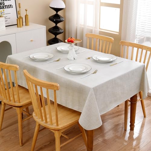 Image of Heavy Duty Vinyl Tablecloth with Flannel Backing Waterproof Oil-Proof Plastic Table Cloth Stain-Resistant Wipeable Rectangle or Square Table Cover for Indoor and Outdoor (Beige Striped,54x54 Inch)