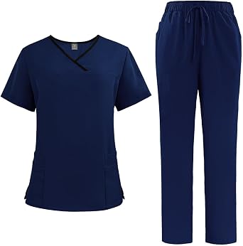 Womens Nurse Uniform Stretch V-Neck Tops and Cargo Pants Jogger Scrub Set Medical Suit