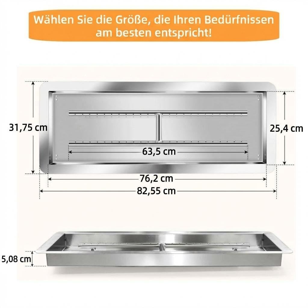 Garvee Edelstahl Feuerstellen-Brenner Einbau-Set, 76,20 x 25,40 cm Rechteckige Wanne, Dual Erdgas & Propan, Outdoor