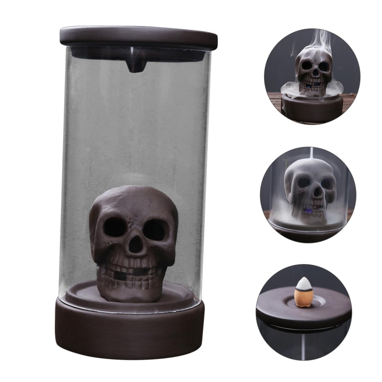 Aromabrenner in Totenkopfform aus Keramik, Halloween Geschenkideen | Räuchergefäßhalter, Coffee Farbe, für Meditation, Schlafzimmer und Yoga Raum, Rückfluss Brennen