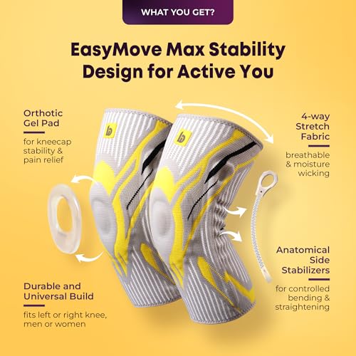 Image of betterhood Premium Knee Sleeve (Grey, Pack of 2, S:32-36 CM Thigh) | EasyMove Max Stability Design for Gym, Sports, Day-long Use| Knee Cap Support with Gel Pad & Side Stabilizers for Arthritis, Joint Pain & Injury Recovery