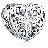 Religious Cross in Heart Charms, fits Pandora Christmas Easter Bracelet, 925 Sterling Silver Symbol