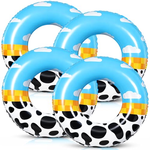 Teyva Daily 4 Pack 23.6 Inch Cartoon Story PVC Pool Floats Cow Pattern Inflatable Pool Tubes Party Games for Kids Birthday Favors Gifts Summer Parties Fun Lakes Water Accessories
