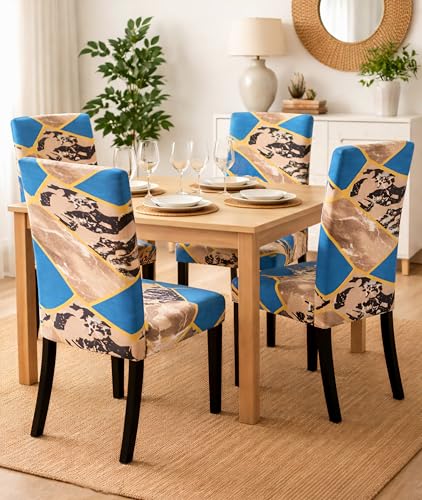 Image of Dining Chair Covers Set of 2, Stretchable Removable Washable Anti-Slip Universal Fit Printed Polyester Spandex Slipcovers (Blue Marble)
