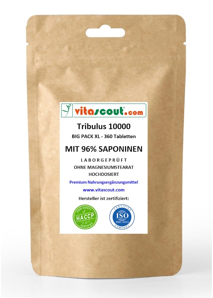 Tribulus Terrestris 10000 – 360 Vegetarische Tabletten Extrakt 30:1 – Hochdosiert 96% Saponine – Ohne Mykotoxine – Tagesdosis entspricht über 10000mg Pulver LABORGEPRÜFT