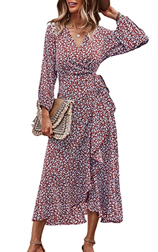 ASOMI Kleid Damen Sexy Herbst Sommer Strandkleid Cocktailkleid Partykleid Boho Blumen Maxikleid Chiffon Rüschen Blusenkleid mit Tief V-Ausschnitt 3179Rot L Cover