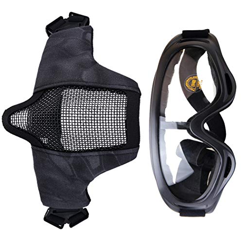 Fansport Airsoft Mask Tactical Goggles Set, Lower Half Face Mesh Masks Foldable Steel Mesh Mask Airsoft Protective Mask With Goggles Set For Hunting, Shooting, Paintball (Black) #TOP4