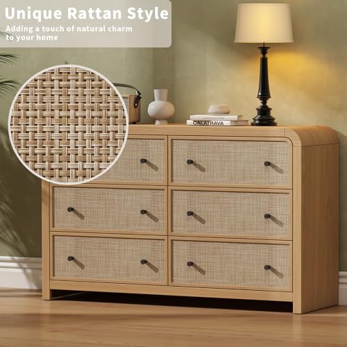 Image of Oak&Sparrow 6 Drawer Dresser for Bedroom, 49'' Rattan Dresser with Ample Storage, Boho Chest of Drawers, Thickened Curved Profile Design, Oak Dressers for Bedroom, Living Room