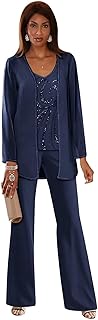 3 Pieces Chiffon Mother of The Bride Pant Suits for Wedding Sequin Wedding Guest Outfit for Women with Jacket
