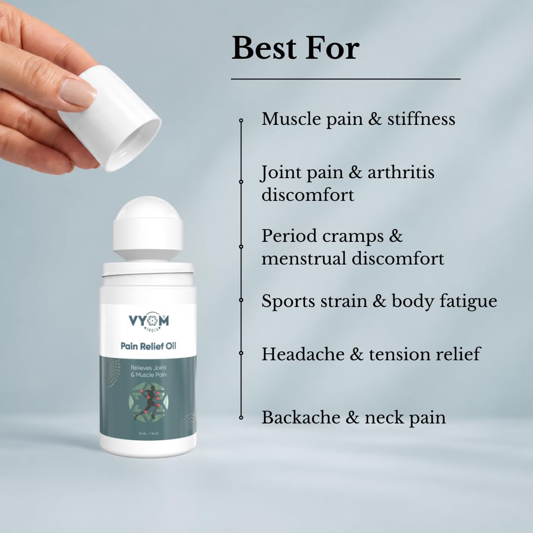 Vyom India Ayurvedic Pain Relief Roll On – Joint, Knee, Back, Muscle, Menstrual Pain, Instant Relief, Herbal Ingredients, Non-Greasy, Absorbs Easily, Multipurpose Roll On - 50 ml 1