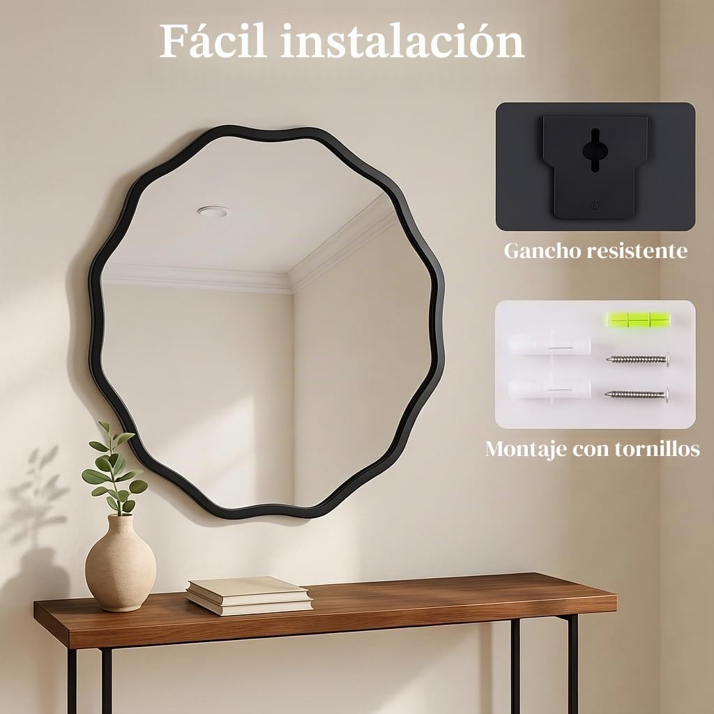 Espejo Redondo Grande 90cm | Borde Ondulado con Marco de Metal Texturizado | para Colgar o Colocar en la Pared | Ideal para Baño, Entrada, Sala de Estar | Diseño Elegante y Original