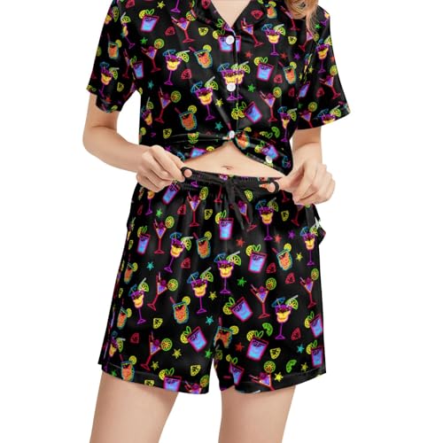 Image of Funny Satin Pajamas Set for Women Button Down Sleepwear Print Pjs Set 2 Piece Short Sleeve Loungewear Gift for Women
