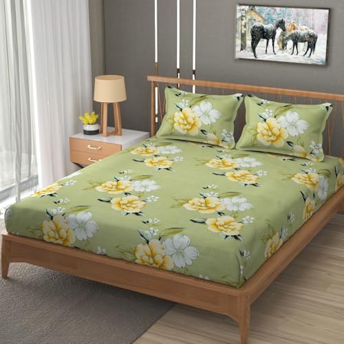 Image of Vram Premium Heavy Cotton Elastic Fitted Bedsheets with 2 King Size Pillow Covers | Diwan Bed with All Around Elastic 350 TC | 48 x 78 x 8 Inch Diwan Size Fitted | :- Light Green Flower