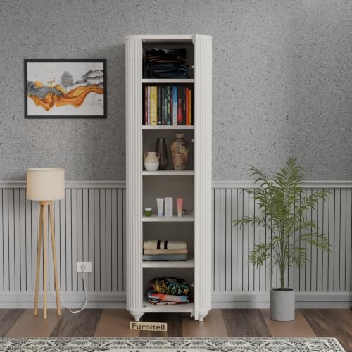 Image of HDHMR Wooden Wardrobe Almirah for Bedroom, 72 Inch | 1 Door Tall Storage Cabinet with 6 Shelves | Fluted Push-to-Open Cupboard | Closet Organizer for Clothes, Books & Home Essentials | White Finish
