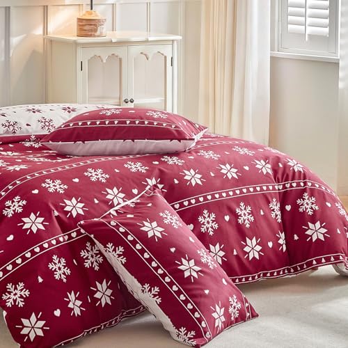 Image of Lekesky Duvet Cover Queen Size,3 Pieces Reversible Duvet Cover Set with Snowflake Red Bedding Set with Zipper and 8 Corner Ties, 1 Duvet Cover 90x90 inches + 2 Pillowcases