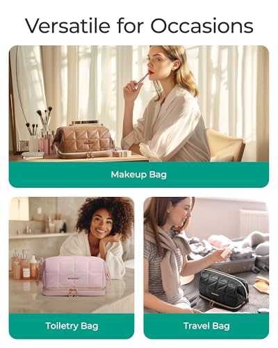 BAGSMART Travel Makeup Bag, PU Leather Waterproof Cosmetic Bags Makeup Bags for Women, Large Capacity Make up Bag, Wide-open Makeup Pouch for Travel Essentials, Bottles, Brushes (Black)2