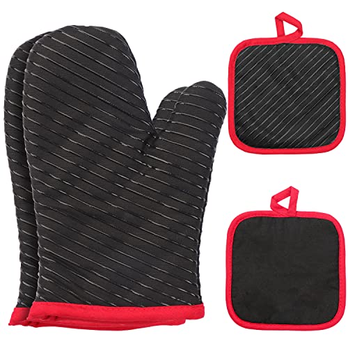 JEEWHEET Ofenhandschuhe & 2 Topflappen, 18 x 18 cm, aus Baumwolle, Silikon, rutschfest, hitzebeständig, Ofenhandschuhe, hitzebeständig 300 °C, BPA-frei, geeignet zum Kochen, Kochen, Grillen Cover