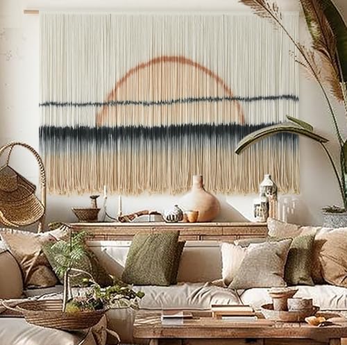 Macrame Wall Hanging Large Sunset Dip Dye Boho Tapestry Handmade Woven Cotton Wall Art for Bedroom, Living Room, Above Bed Neutral Modern Minimalist Decor 57