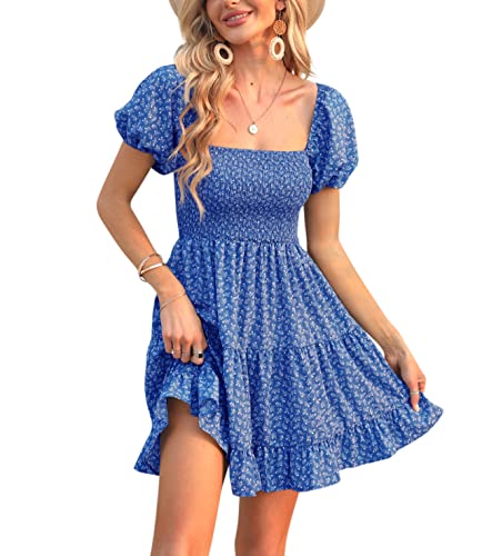 Image of Veatzaer Women's Puff Sleeve Square Neck Smocked Babydoll Dress Boho Floral Print Off Shoulder Ruffle Mini Short Dress