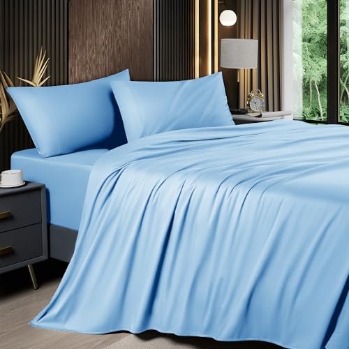 Image of Shilucheng 4 Piece Queen Sheet Sets, Cooling Sheets, Blend Rayon Derived from Bamboo, Deep Pocket Up to 16 inch, Breathable & Soft Bed Sheets, Hotel Silky Bedding Set, Lake Blue