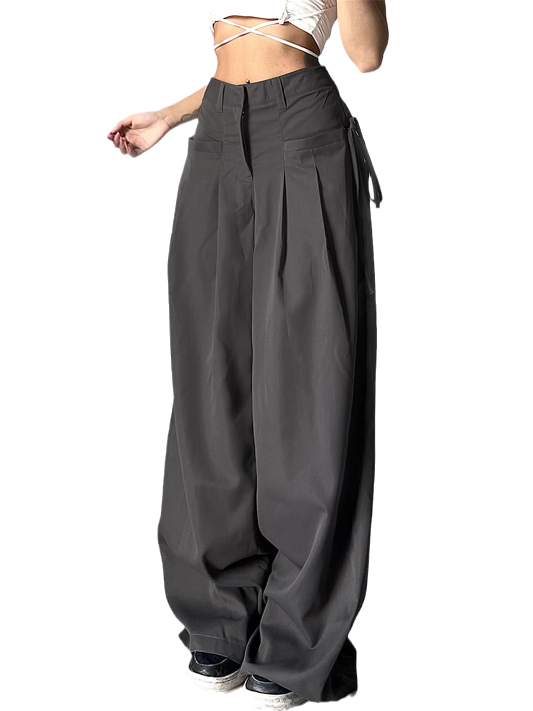 Bollrllr Ladies Casual Wide Leg Pants High Waist Street Loose Sports Pants Korean Style Retro Gray Casual Pants