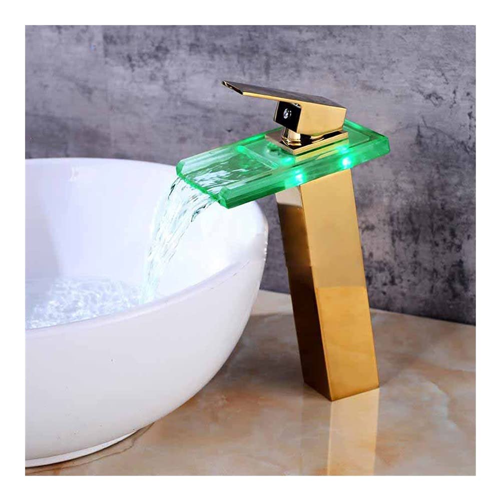 Robinet de lavabo anti-brûlure à affichage LED mitigeur cascade or rose pour salle de bains