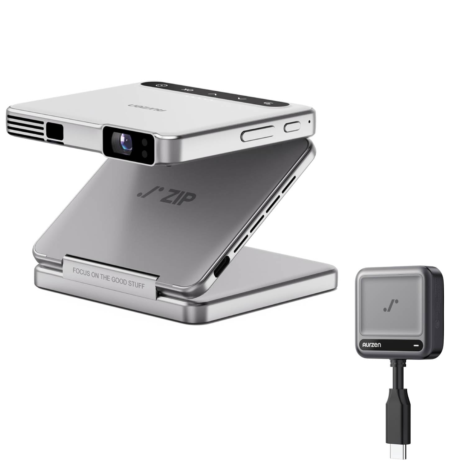 Aurzen ZIP Tri-Fold DLP Mini Projector + CastPlay Pro Dongle, Zero-Lag Focus, Screen Mirroring,Full-Screen Mode,Type-C Fast Charging,5000mAh Battery,Bluetooth,Portable Projector for Cookie, Art, White