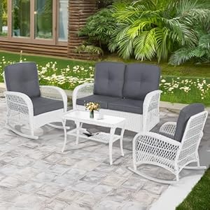 MEETWARM 4 Pieces Outdoor Wicker Patio Conversation Sets with Glider Loveseat, 2 Chairs with Coffee Table Wicker Rocking Chair Set, Patio Furniture Set with Thickened Cushions, White Wicker/Grey