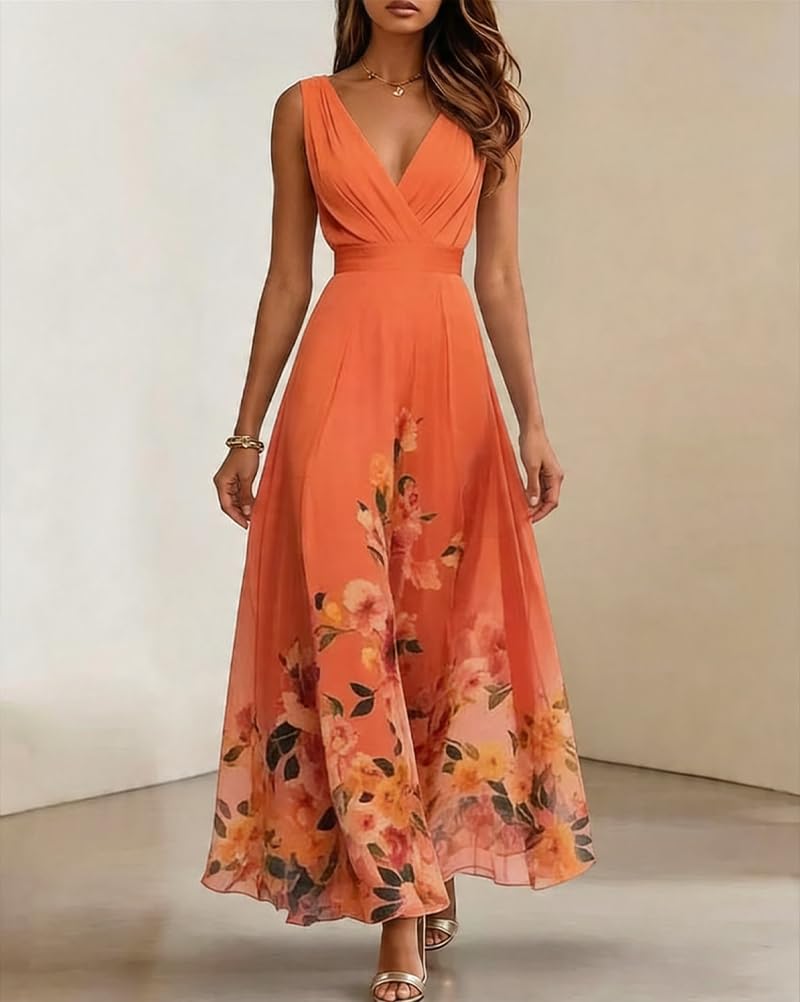 shownicer Robe Femme Chic Et Elegant Col en V sans Manche Robe Longue Imprimé Fleurs Robes De Ceremonie Printemps Été