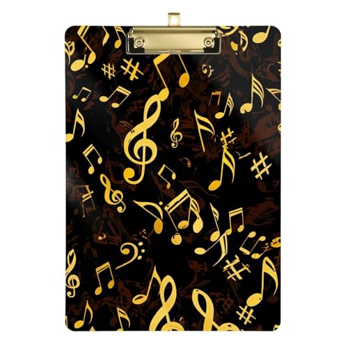 音符 ブラック ゴールド 薄型クリップボード レディース メンズ 格納式吊り下げタブ、両面プリント 12.5インチ x 9インチ