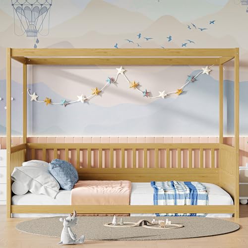 Nbwxcwbs Full Size Canopy Bed Frame with Guardrails for Kids,Floor Bed Full with Four Poster Design,Kids Montessori Floor Bed,Wood Canopy Bed Frame for Girls,Boys