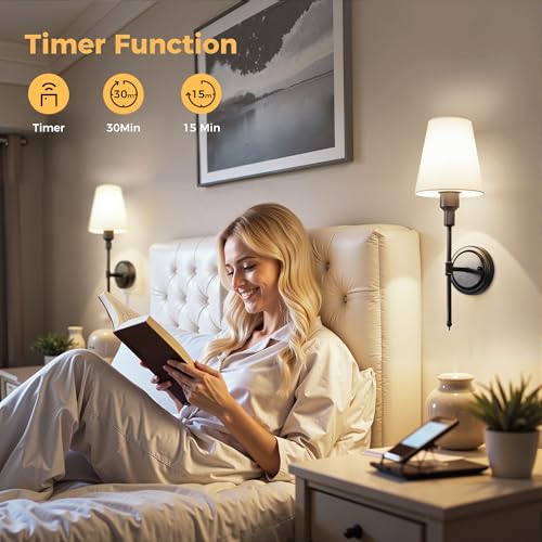 Image of DORESshop Battery Operated Wall Sconce Set of 2, Wall Light Wireless Easy to Install, Dimmable and Adjustable Sconces Wall Decor, Rechargeable Wall Lamp for Bedroom, Living Room, Black 18.7in