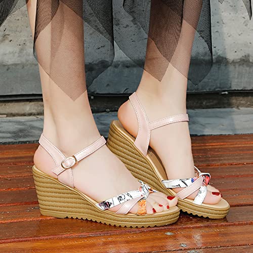 HIONRE Sandals à Plateforme Flat Heel,Sandales imprimées à Lacets, Grandes Sandales compensées, Rose, 36,Chaussure Mode Sandale Espadrille lanière Cover