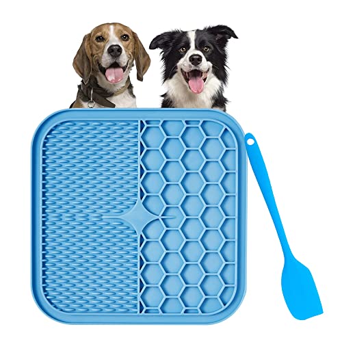 Bornfeel Alfombrilla para Lamer Perros 21x21cm con 1 Espátula de Silicona Comederos Lentos para Perros sin BPA Silicona Lick Mat para Mascotas Bañarse Arreglarse Entrenar Azul