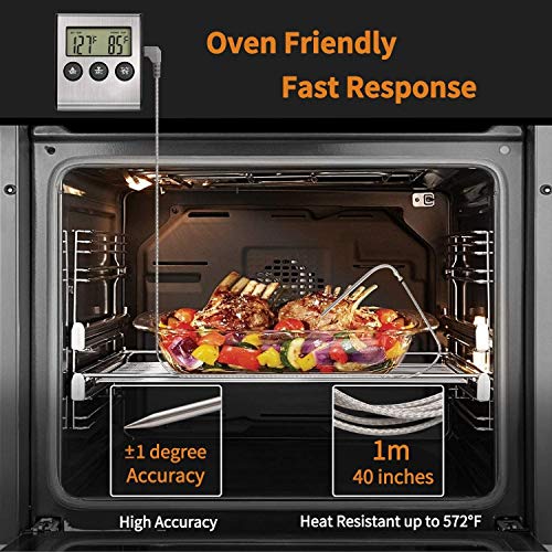 Thermomètre numérique à viande d'four & Chronomètre, grande LCD Thermomètre alimentaire de cuisine numérique avec sonde, acier inoxydable lecture instantanée Grill / thermomètres de rousseur pour la cuisine de four extérieur fumée BBQ Turquie, Argent
