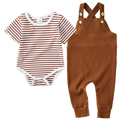 YUEMION Newborn Baby Boy Clothes,2Pcs Infant Boy Romper Bodysuit Spring/Summer Stripe Outfits + Bib Overall Pants (0-3 Months)