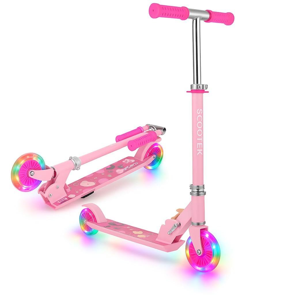 Scale Sports Scooter for Kids Ages 4-7, 2 Wheels Light Up Gift Scooters for Girls Boys Ages 6-12, Easy Folding Kids Scooter with 3 Levels Adjustable Handlebar and Rear Brake (Pink)