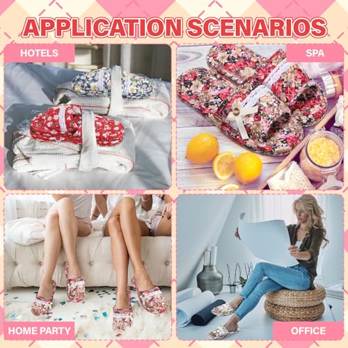 3 Pairs Floral Cotton House Slippers for Guest Women Washable Indoor Cotton Slippers Open Toe for Hotel Travel Airplane Spa4