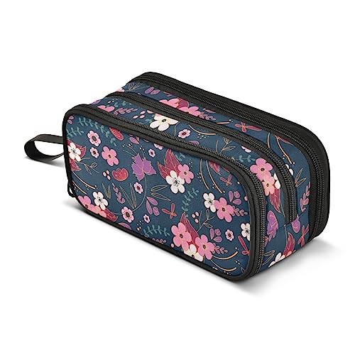 Image of Pencil Case Big Capacity Flower Floral Handheld 3 Compartments Pencil Pouch Portable Large Storage Canvas Pencil Bag for Boys Girls Adults Students